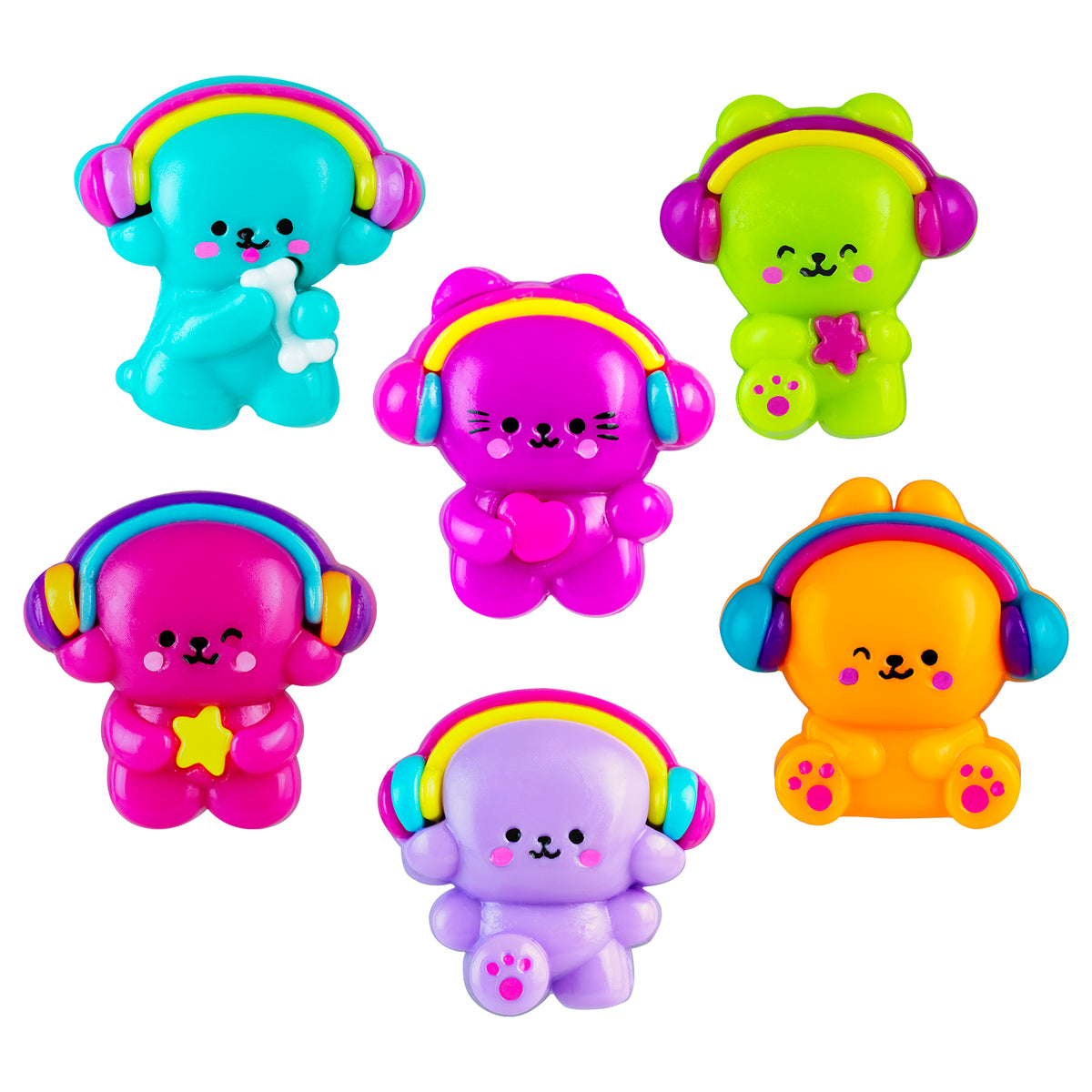 Taba-licious Headphones colorful headphone-wearing squishy figures in turquoise pink green orange and purple