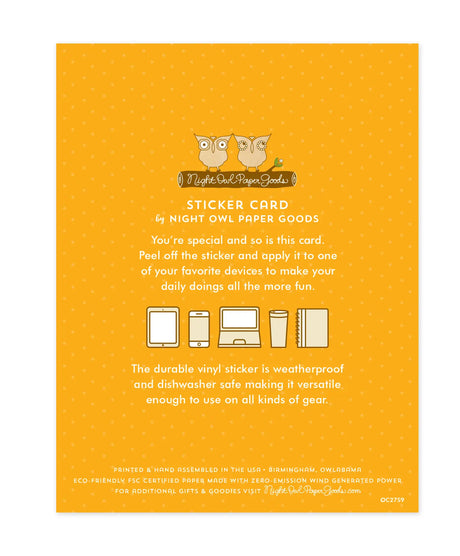 Happy Bee-Day Sticker Birthday Card back view showing sticker use instructions on an orange background.