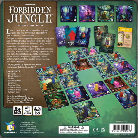 Forbidden Jungle board game setup showing cards, tokens, and pawns on a jungle-themed spaceport game board.