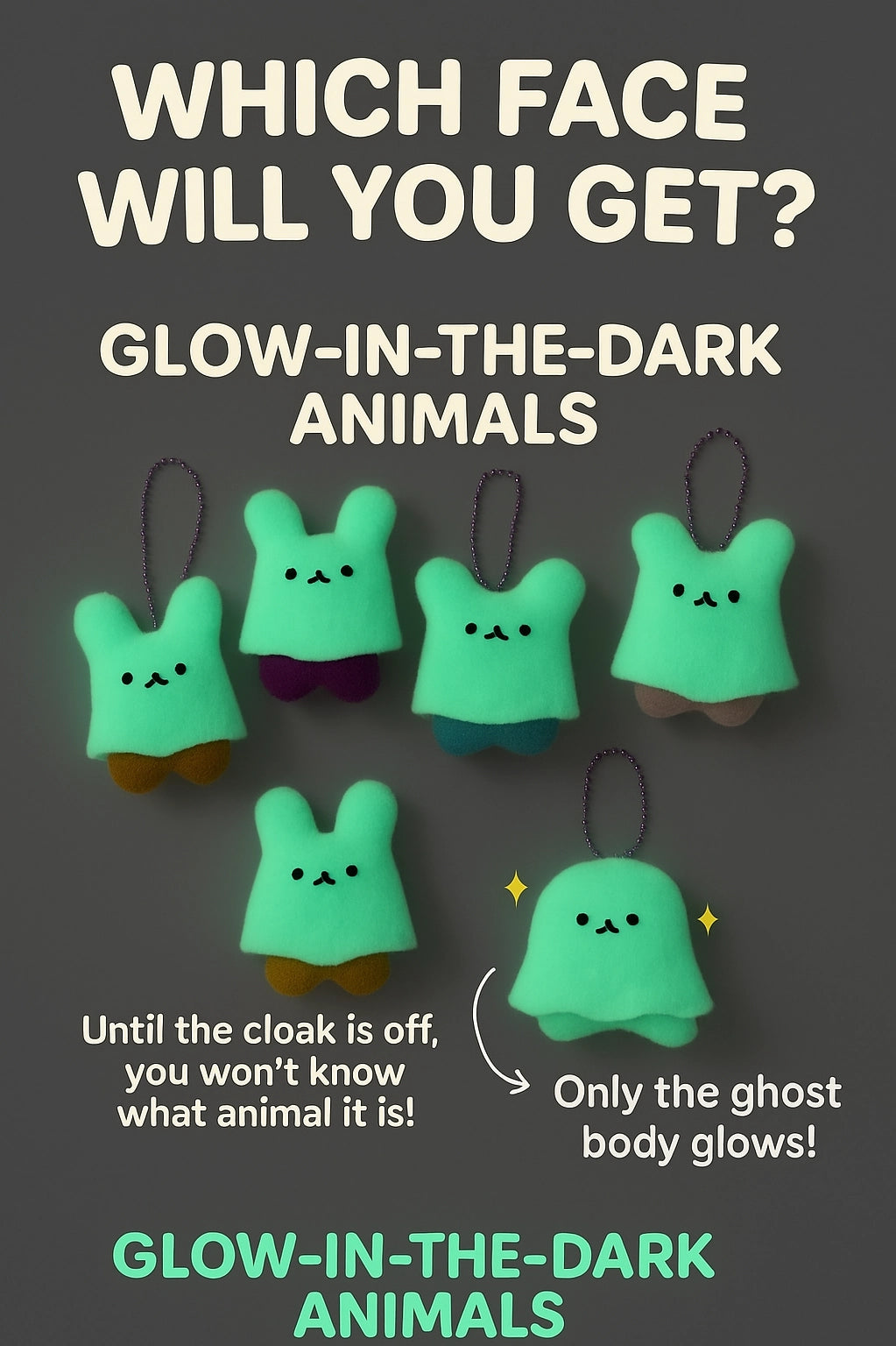 Glow in the Dark Ghost Plush Blind Bag showing glowing animal plush options and a ghost plush