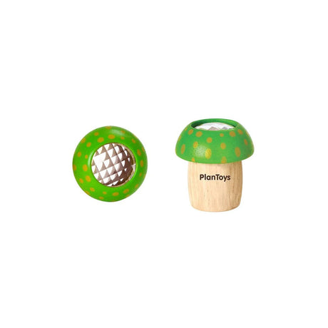 Kaleidoscope Mushroom Green wooden toy with green spotted cap and textured lens, encouraging creativity and exploration.