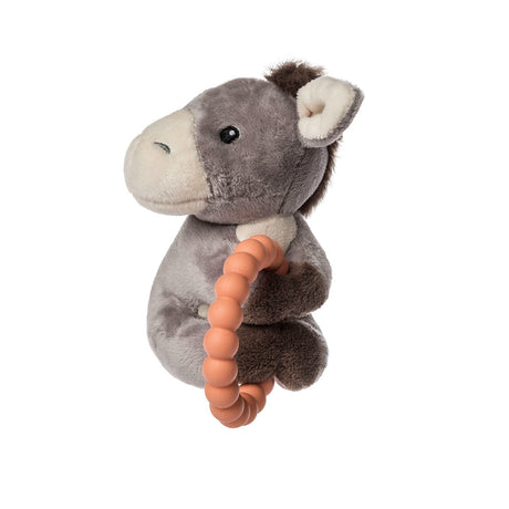 Dusty Donkey Teether Rattle with soft dove brown plush, silicone teether, and gentle rattle for soothing and play.