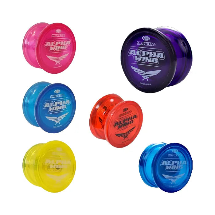 Collection of colorful Yomega Alpha Wing yoyos with a flared wing design for easy catching and smooth performance