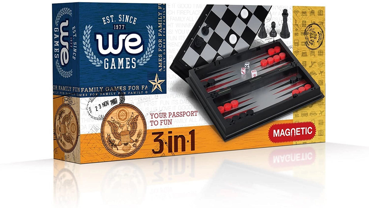 Magnetic travel set featuring chess, checkers, and backgammon with a compact foldable board for on-the-go play.
