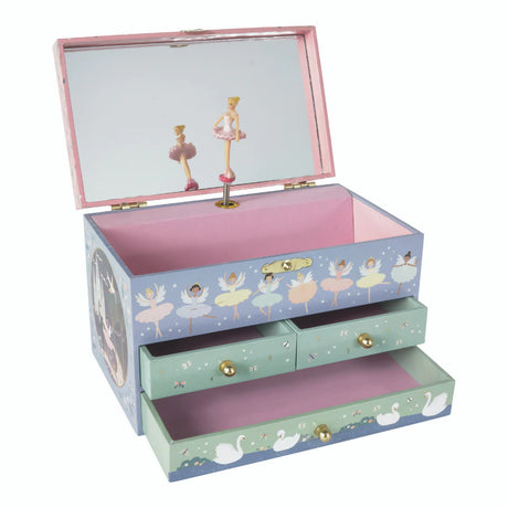 Jewelry Box | Enchanted with ballerina figurine, swan illustrations, three drawers, and music playing when opened.