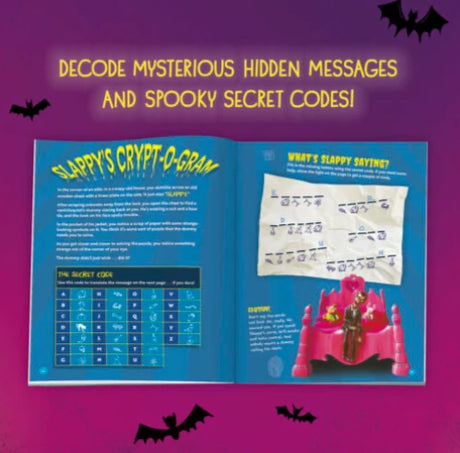 Goosebumps Haunted Ink Activity Book showing a cryptogram puzzle and spooky secret code activities