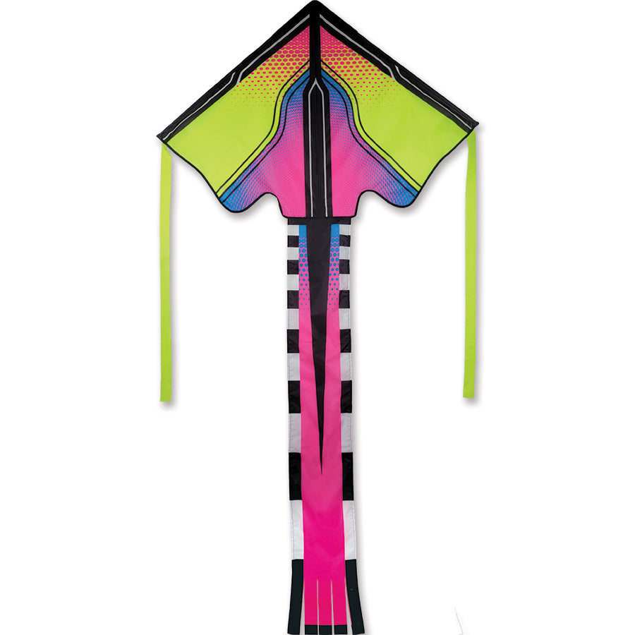 Brightly colored diamond-shaped kite with neon green, pink, and black geometric patterns and long tail ribbons