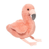 Soft salmon pink plush flamingo toy with detailed wings and a gentle expression sitting upright