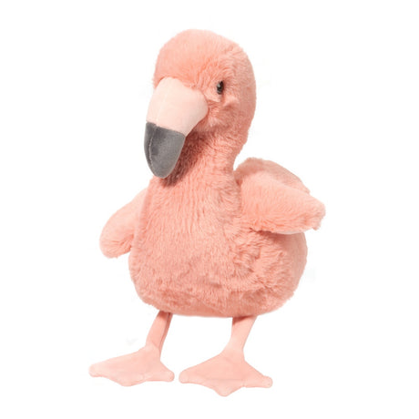 Soft plush flamingo toy in warm salmon pink with detailed beak and standing legs, perfect for cuddling.