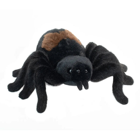 Spider Sneakie soft plush spider with black and brown fur, realistic design, eight legs, and detailed eyes and fangs.
