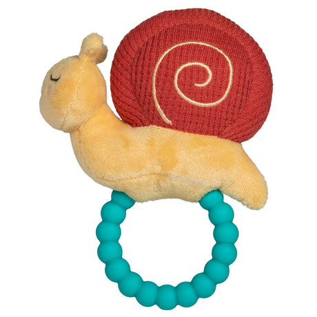 Skippy Snail Teether Rattle with soft plush body, textured red shell, and teal silicone bead teether perfect for babies.