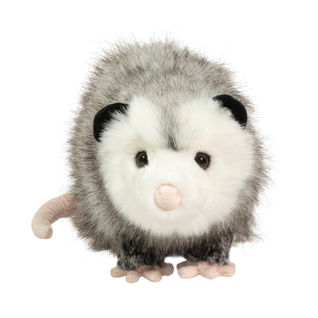 Possum Ozzy plush toy with gray fur, black ears, pink nose, and long tail, soft and cuddly stuffed animal.