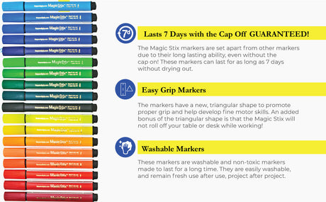 Magic Stix Markers 12pc with easy-grip triangular shape, washable, non-toxic, and lasts 7 days with cap off guaranteed.