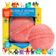 Red fizzy bath bomb and colorful packaging with playful monster squishy toys displayed around it