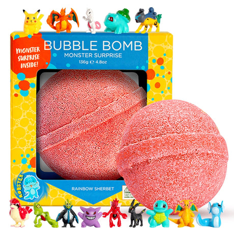 Red fizzy bath bomb and colorful packaging with playful monster squishy toys displayed around it
