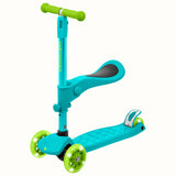 Chipmunk Plus Kids' Kick Scooter Turquoise with folding seat, light-up wheels, and lean-to-steer system for ages 3 and up