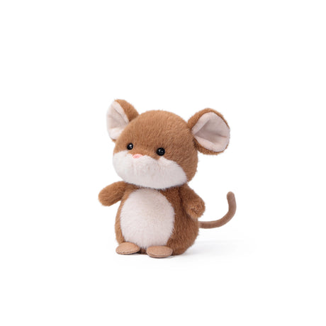 Cute brown and white plush mouse with large ears and a curled tail on a white background