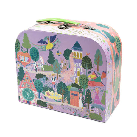 Musical Tea Set | Fairy Tale with carry case featuring whimsical princess and dragon illustrations for imaginative play.