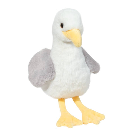 Seagull Stewie plush stuffed animal with soft gray wings and yellow beak and feet, 10 inches long.