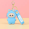 Labubu Cute Coin Purse in blue silicone with a smiling face and keychain, perfect for coins and small items.