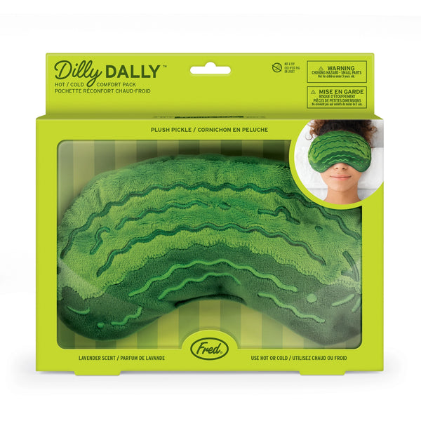 Eye Pillow | Dilly Dally Pickle green plush pickle-shaped eye pillow in retail packaging