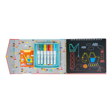 Chalkboard Sketchbook | Construction with wipeable pages, 6 chalk pens, and construction-themed illustrations.