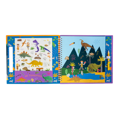 Transfer Fun | Dino spiral bound book with colorful dinosaur transfers and play scenes for creative play.