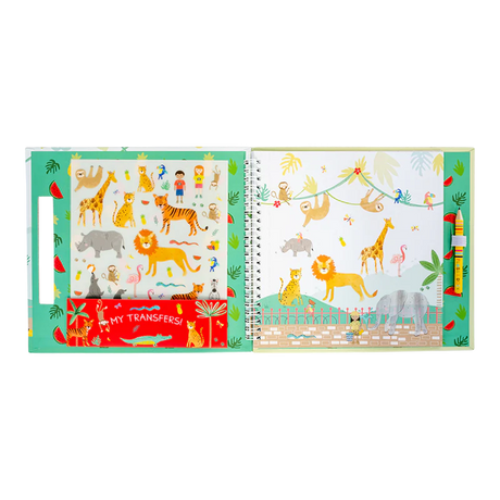 Transfer Fun | Jungle spiral book open with colorful jungle animal transfers and scenes, pencil included for creative play.