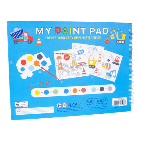 My Paint Pad | Construction showing spiral bound pad with truck palettes, tear out pictures, and paint brush for kids.