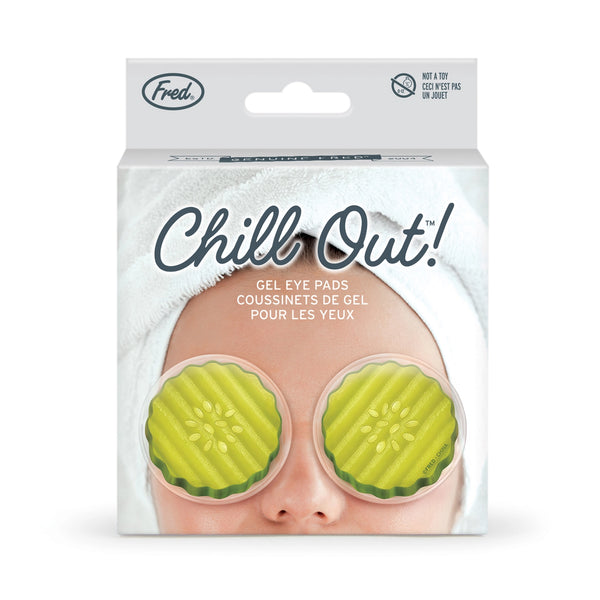 Chill Out! Eye Pads | Pickles packaging with cucumber-shaped gel eye pads over closed eyes