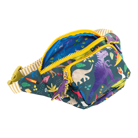 Belt Bag | Dino with dinosaur print, chunky dino zip pulls, striped adjustable strap, and multiple compartments for kids.