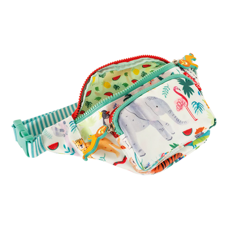 Belt Bag | Jungle with elephant print, lion-shaped zipper pulls, striped adjustable strap, and inner jungle pattern lining.