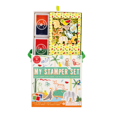 My Stamper Set | Jungle with 8 animal stamps, 4 ink pads, and a 24-page booklet in a reusable carry box.