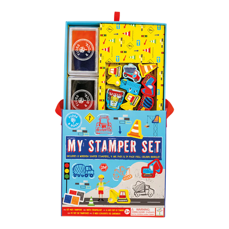 My Stamper Set | Construction with 8 stamps, 4 ink pads, 24-page booklet, and carry case for creative play.