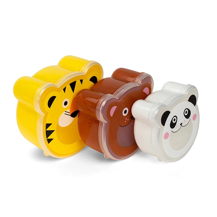 Set of three nesting animal-shaped snack containers with clear windows, perfect for on-the-go use and dishwasher safe.