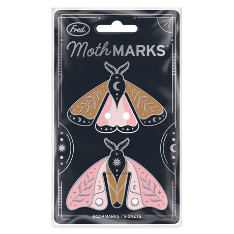 Moth Marks Bookmarks featuring two colorful illustrated moth designs in decorative packaging