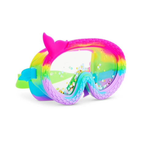 Swim Mask Coral Cove Rainbow with double lenses, floating glitter, and silicone mermaid tail frame for kids ages 6 and up.