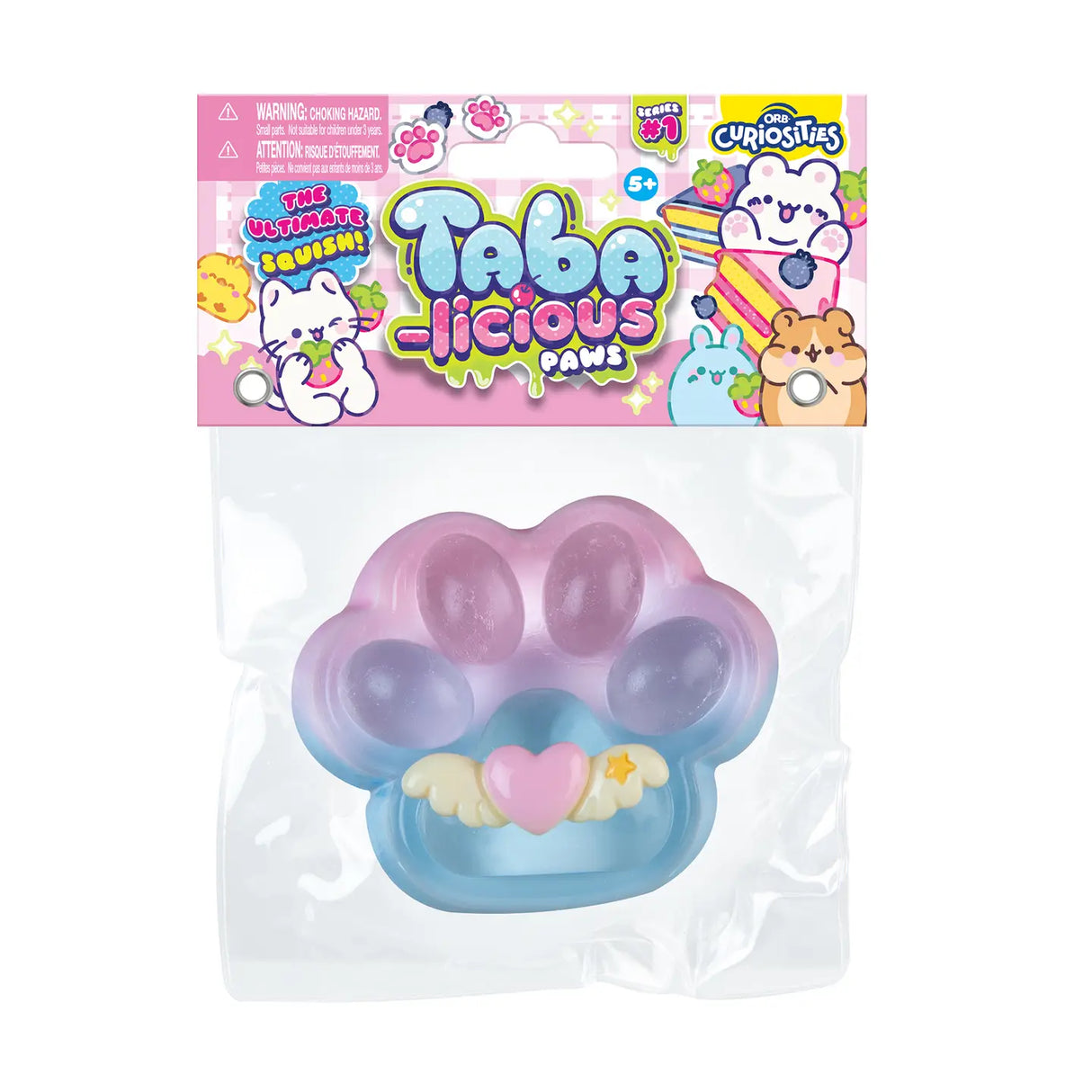 Taba-licious Mega Paws Squishy soft paw-shaped stress relief toy in pink and blue colors packaged for kids ages 5 and up