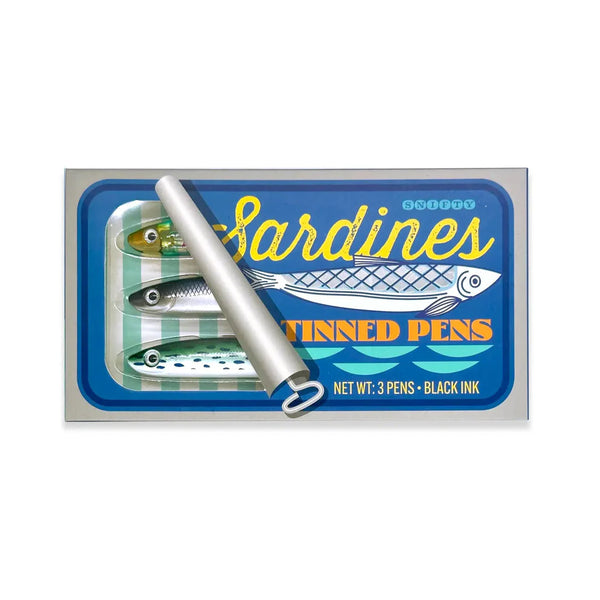 Box of three black ink pens designed to look like sardines in an open tin can with a blue label.
