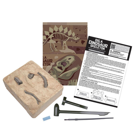 T-Rex Dig Kit with plaster block, dinosaur bones, digging tools, instructions, and dinosaur skeleton model kit for kids.