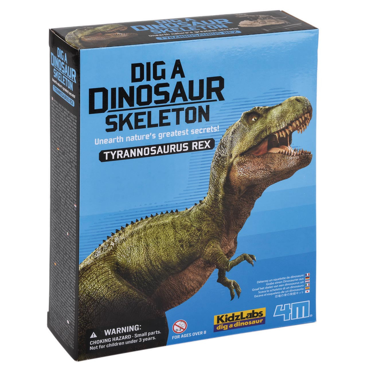 T-Rex Dig Kit featuring a realistic Tyrannosaurus Rex on the box for kids to excavate and assemble a dinosaur skeleton.