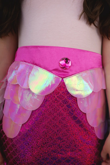 Mermaid Glimmer Skirt Set with Headband | Pink skirt with iridescent scales and pink gem detail at the waistband