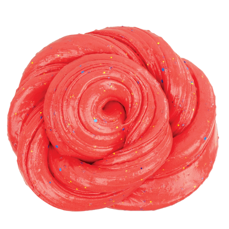 Bright red twisted slime with scattered multicolored glitter flakes on a white background