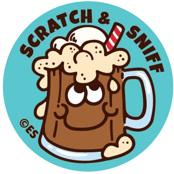 Round Root Beer mug cartoon with foam and a red straw on blue background scratch and sniff sticker design