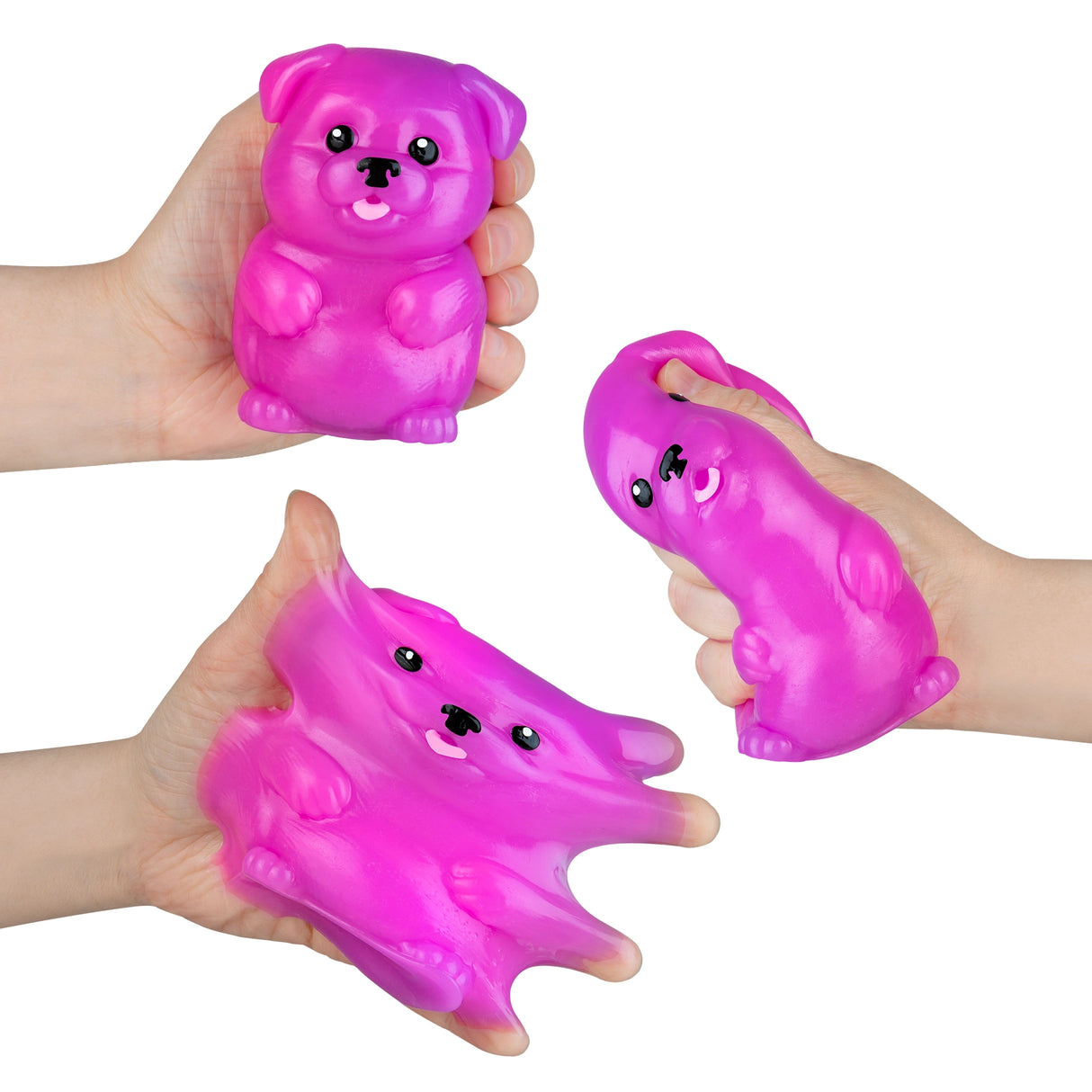 Hands squeezing and stretching a bright pink dog-shaped squishy toy against a white background