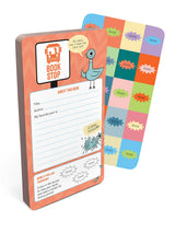 Two colorful jumbo bookmarks featuring playful pigeon illustrations with space to write book notes and stickers for kids.