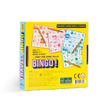 Travel Bingo game with colorful bingo cards and pencils in a bright yellow box