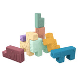 Collection of colorful animal-shaped soft blocks with textured surfaces arranged on white background