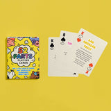 Colorful box and three playing cards from the 52 Farts deck with humorous fart-related facts on a yellow background