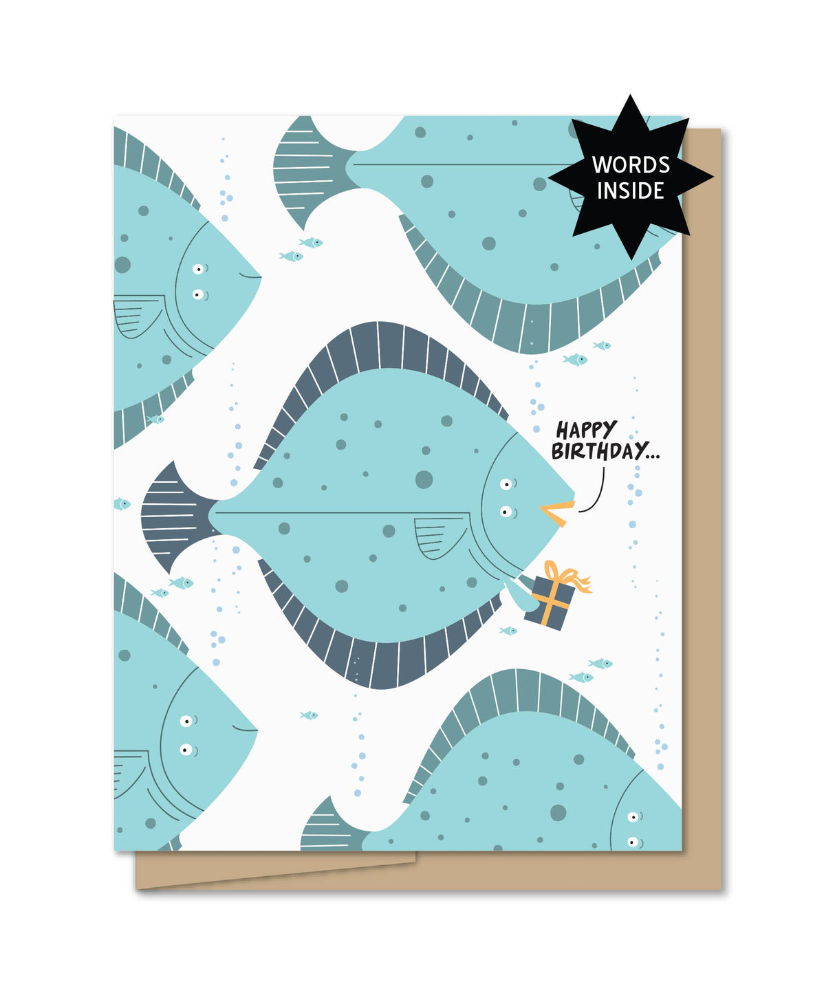 Illustration of a blue halibut fish holding a gift with text Happy Birthday on a greeting card